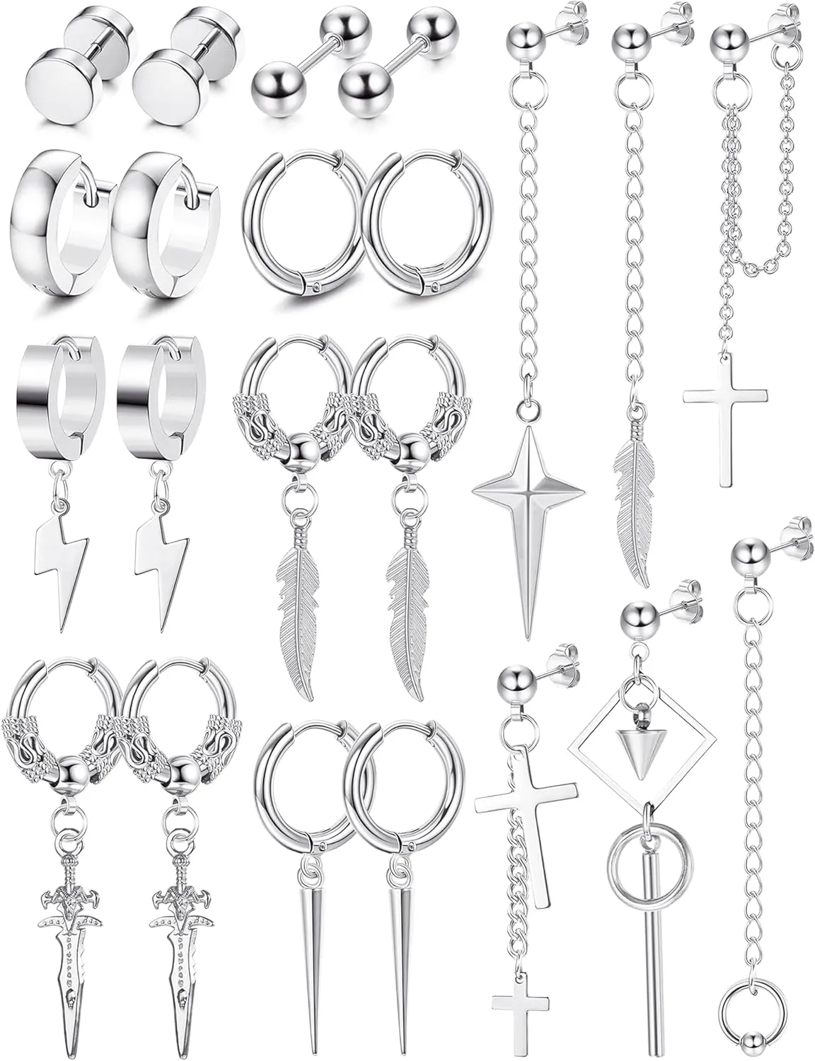 Fiasaso 22Pcs Dangle Earrings for Men Stainless Steel Hinged Hoop Earrings Long Chain Stud Cross Dangle Earrings Set Kpop Earrings for Mens Black, Silver and Gold
