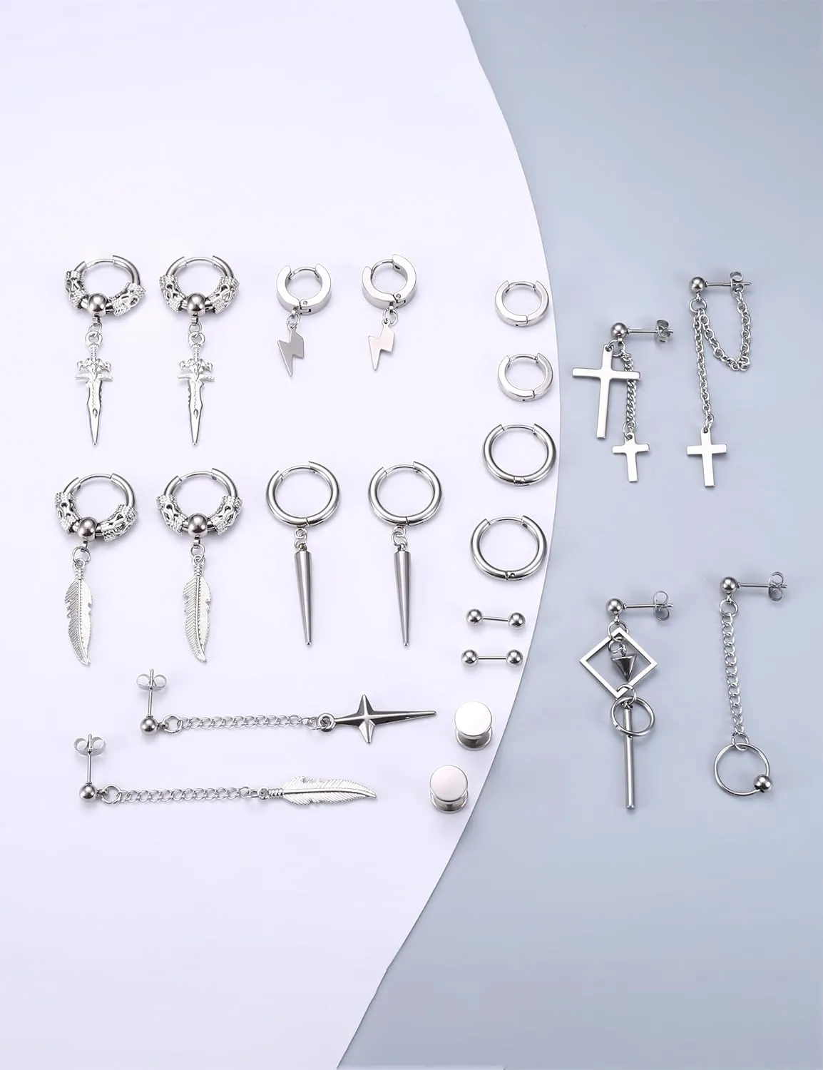 Fiasaso 22Pcs Dangle Earrings for Men Stainless Steel Hinged Hoop Earrings Long Chain Stud Cross Dangle Earrings Set Kpop Earrings for Mens Black, Silver and Gold