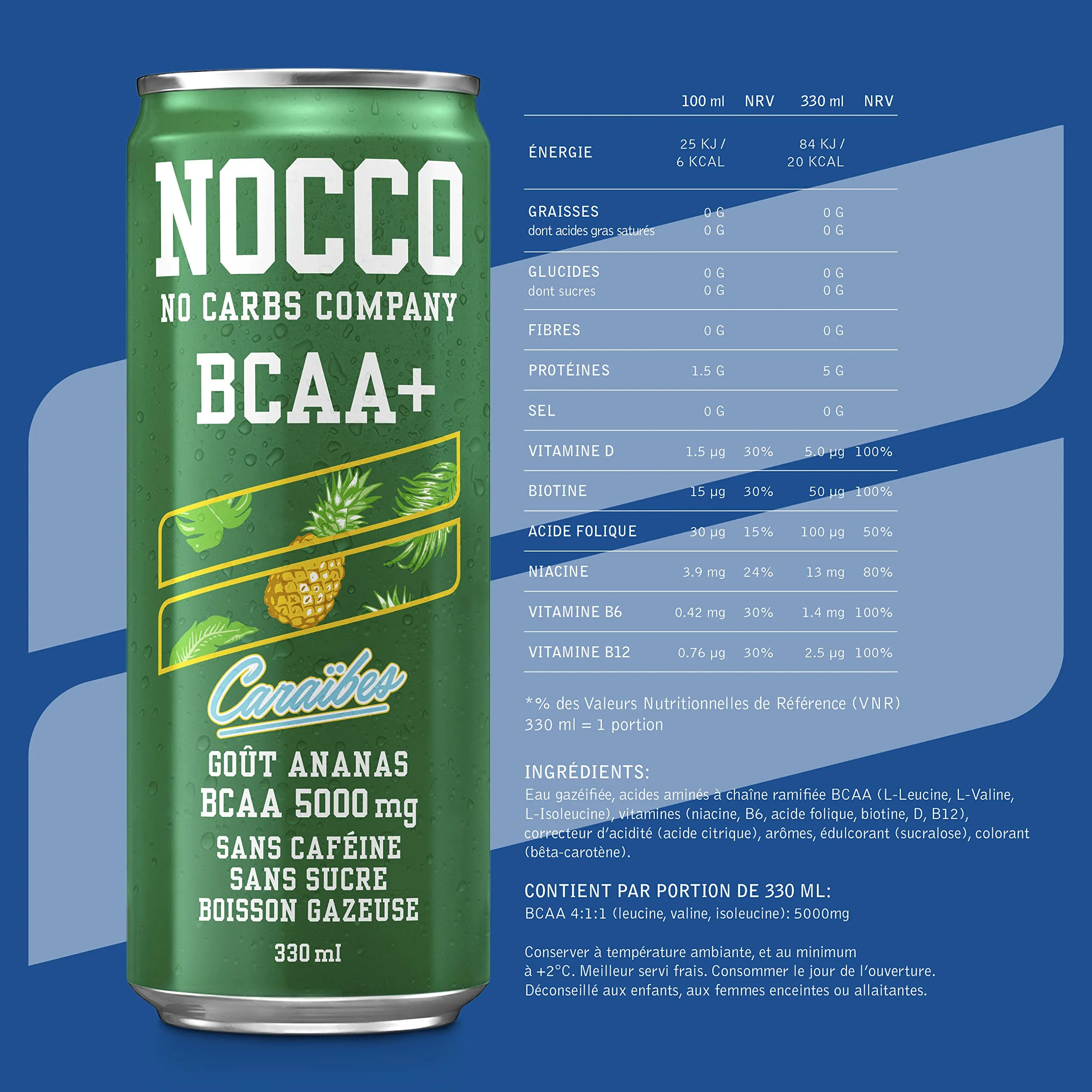 NOCCO Boisson nergissante got tropical 180 mg cafine 24x330ml Boissons nergtiques, Sans Sucre BCAA (Tropical)