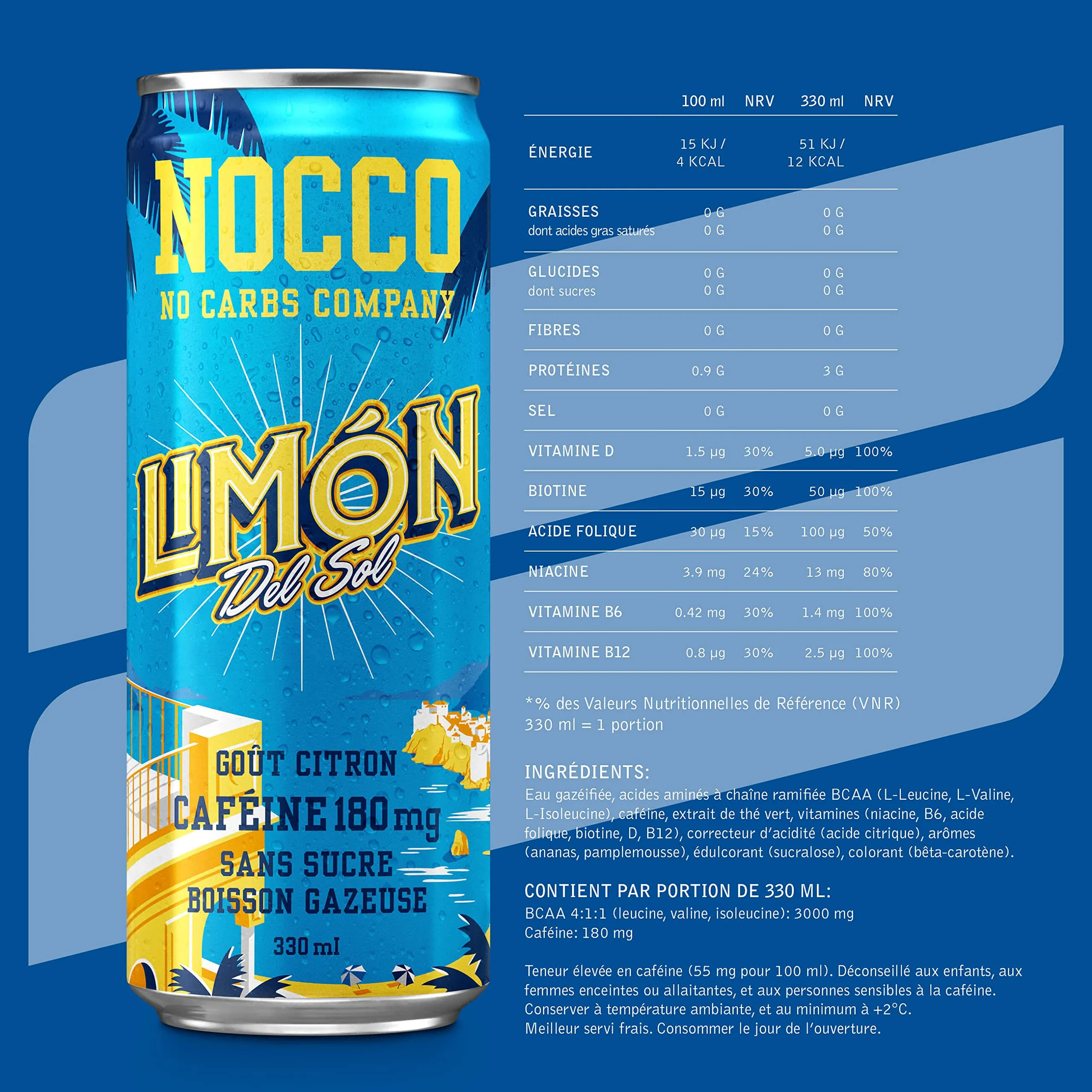 NOCCO Boisson nergissante got tropical 180 mg cafine 24x330ml Boissons nergtiques, Sans Sucre BCAA (Tropical)