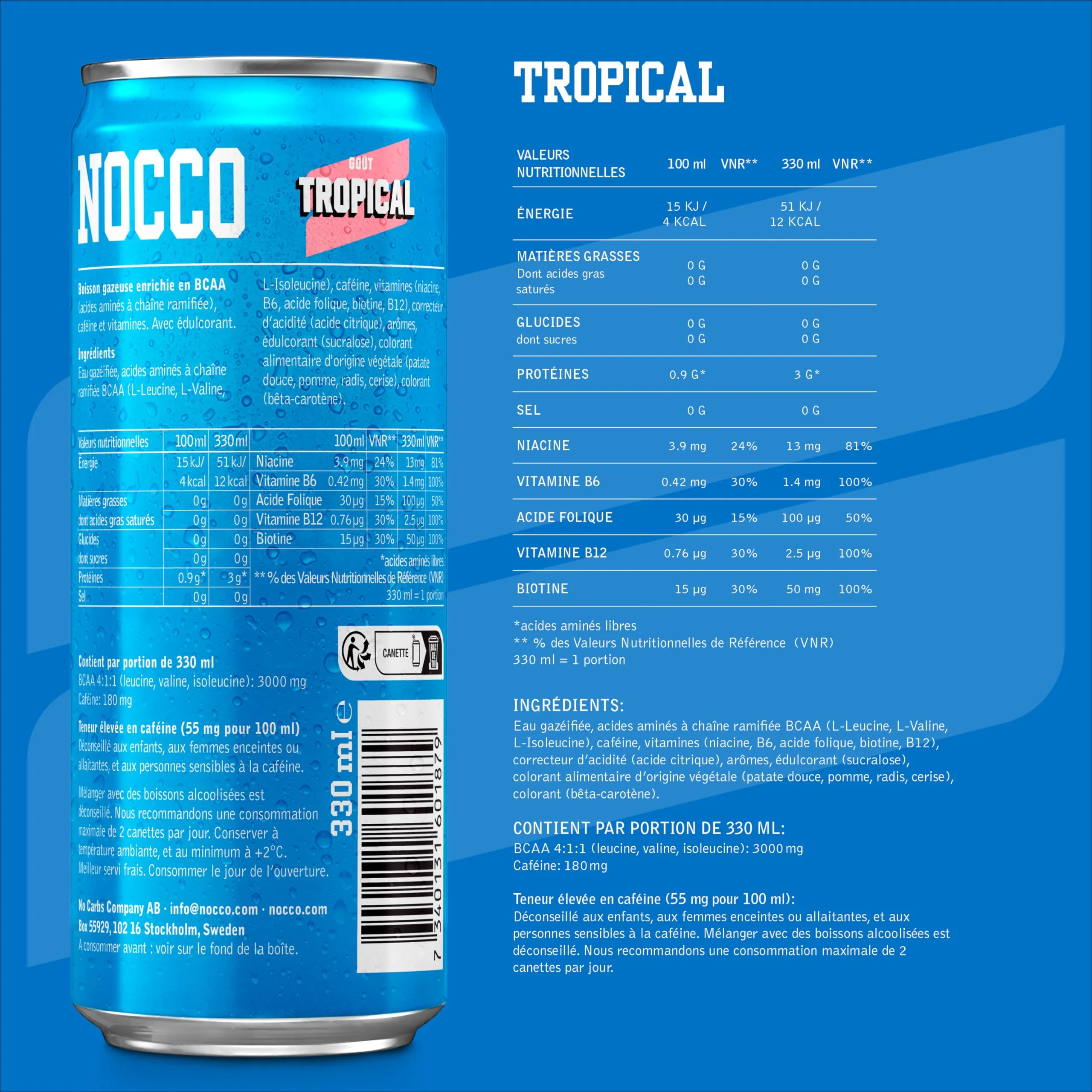 NOCCO Boisson nergissante got tropical 180 mg cafine 24x330ml Boissons nergtiques, Sans Sucre BCAA (Tropical)