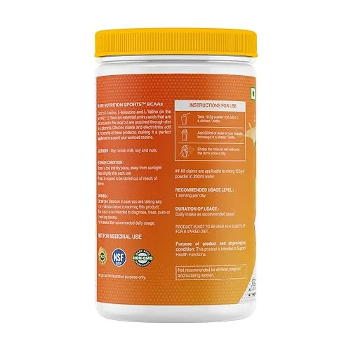Pure Nutrition BCAA 2:1:1, Lemon Orange Flavor with L-Glutamine, Electrolytes, Grapeseed & Piperine, Sugar Free Amino Acid Supplement, Workout Muscle Recovery Drink for Muscle Growth 250g, 23 Servings