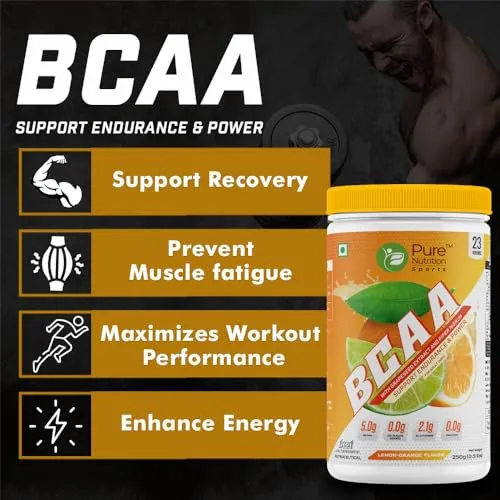 Pure Nutrition BCAA 2:1:1, Lemon Orange Flavor with L-Glutamine, Electrolytes, Grapeseed & Piperine, Sugar Free Amino Acid Supplement, Workout Muscle Recovery Drink for Muscle Growth 250g, 23 Servings
