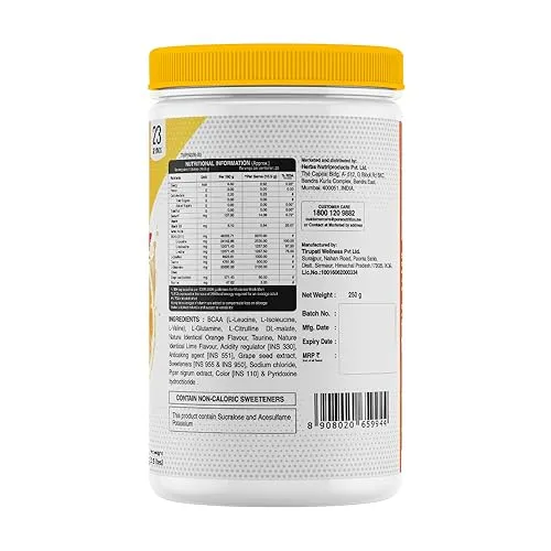 Pure Nutrition BCAA 2:1:1, Lemon Orange Flavor with L-Glutamine, Electrolytes, Grapeseed & Piperine, Sugar Free Amino Acid Supplement, Workout Muscle Recovery Drink for Muscle Growth 250g, 23 Servings