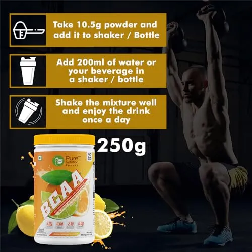 Pure Nutrition BCAA 2:1:1, Lemon Orange Flavor with L-Glutamine, Electrolytes, Grapeseed & Piperine, Sugar Free Amino Acid Supplement, Workout Muscle Recovery Drink for Muscle Growth 250g, 23 Servings