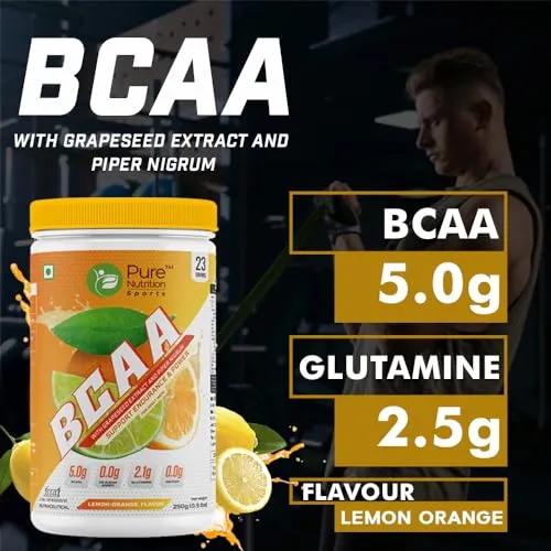 Pure Nutrition BCAA 2:1:1, Lemon Orange Flavor with L-Glutamine, Electrolytes, Grapeseed & Piperine, Sugar Free Amino Acid Supplement, Workout Muscle Recovery Drink for Muscle Growth 250g, 23 Servings