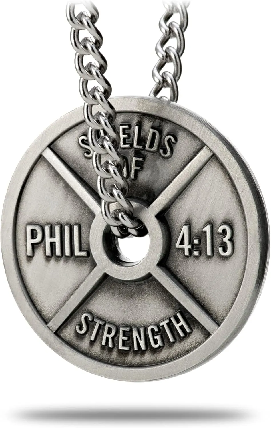 Shields of Strength Men's Weight Plate Necklace Philippians 4:13 Bible Verse for Gym Fitness Athlete Weightlifter Christian Gifts Dumbbell Jewelry
