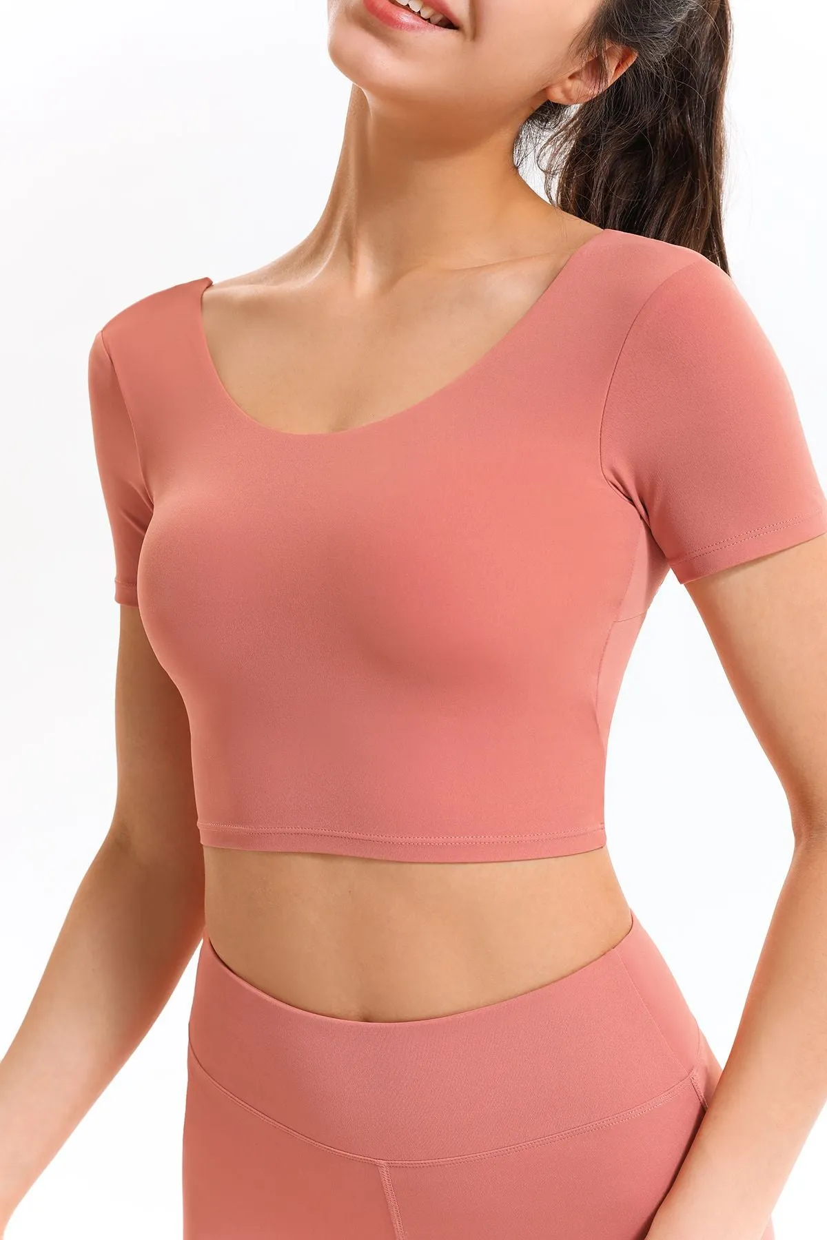 U Neck Short Sleeve Shirts Built-in Bra